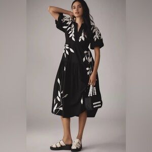NWT Anthropologie Somerset Midi Short-Sleeve Embroidered Appliqué Dress